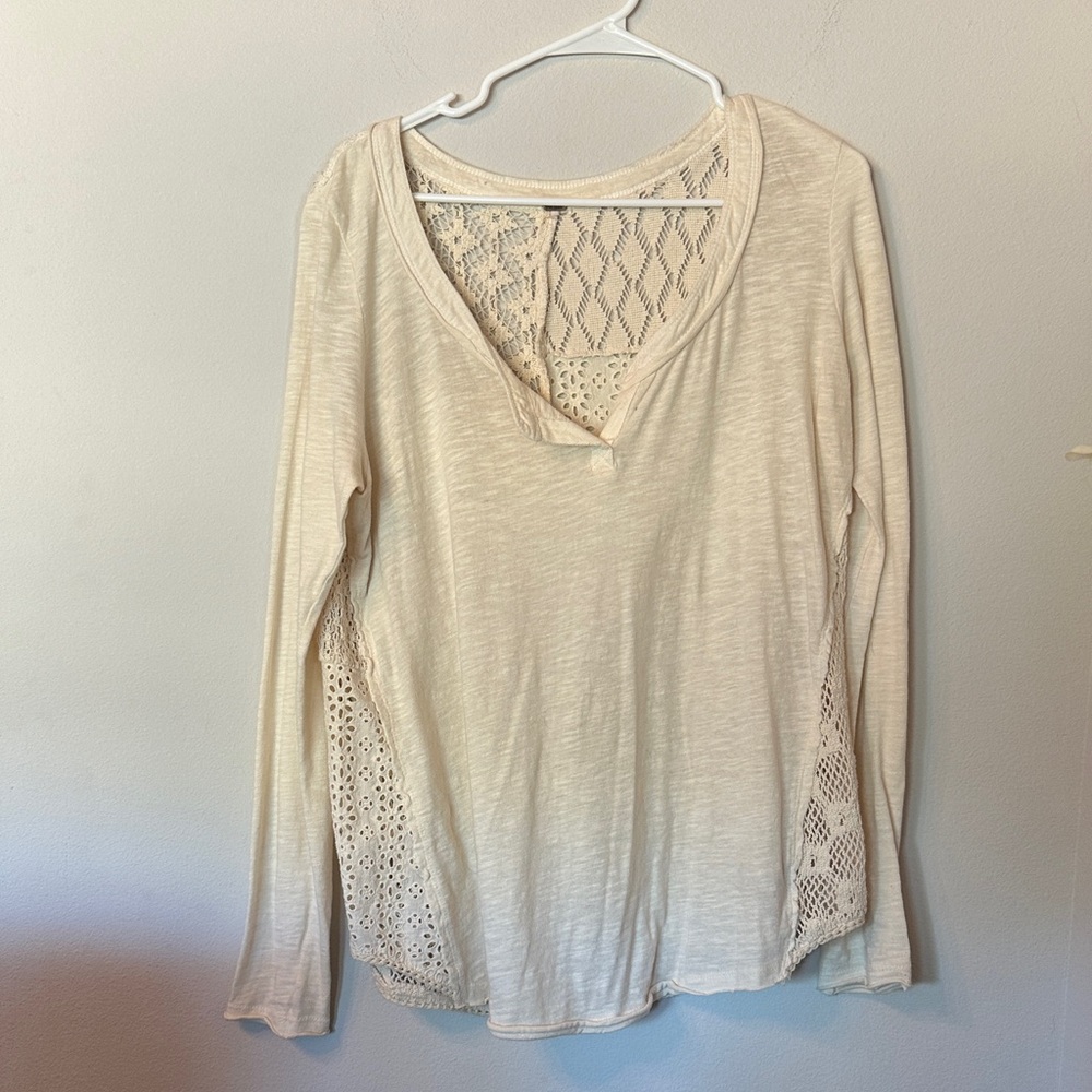 Free People Cream Crochet-Panel Long Sleeve Tee